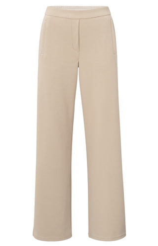 Wide Leg Twill Beige Trousers w Contrast Stripe & Zipper Pocket