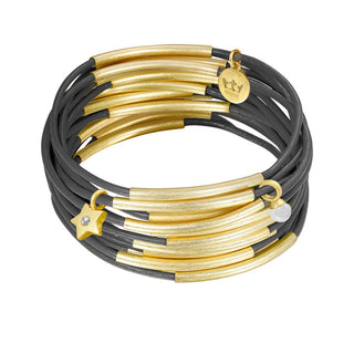 Gipsy bracelets dark grey leather matt gold plated