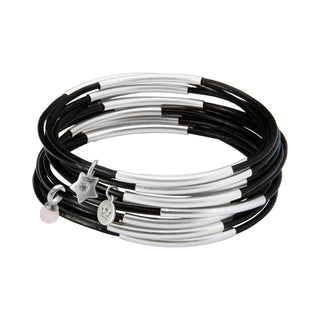 Gipsy bracelets black leather matt silver plated