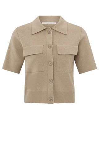 Short Sleeve Humus Beige Cardigan w Chest Pockets