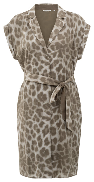 Midi Dress Milk Brown Animal Print Tie Belt