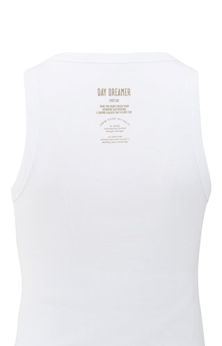 Rib Pure White Singlet w Print At Back