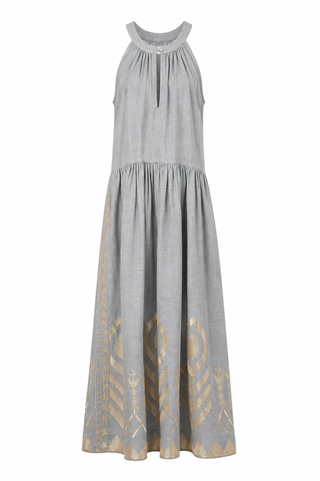 Maxi Feather Halter Neck Stone/Gold Dress