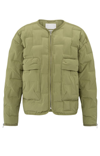 Short Olive Nylon Quilted Jacket w Zipper Detail