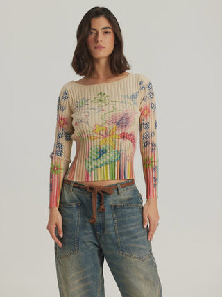 Ray Boat Paradise Neck Rib Knit Top