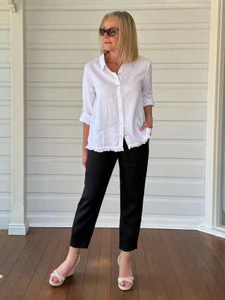 Sarah Rib Black Waist Linen Pant