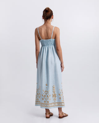 Maxi Ciel/gold Straps Gatherings Dress