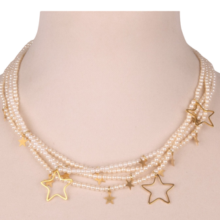 Multi Layer Pearl Necklace With Star Charms