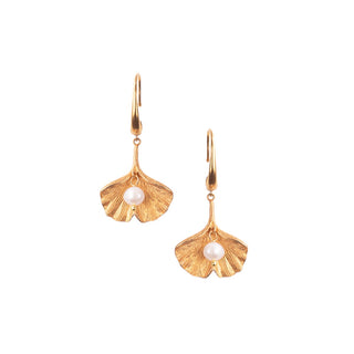 Bronze Ginko Leaf&Pearl Drop Hook Earing