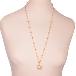 Bronze Bubble Chain Pearl w Bar Long Necklace