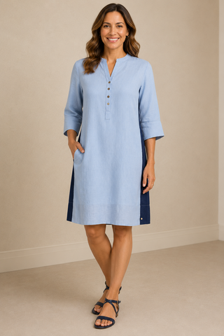 Ava Midi Dress Sky/Navy Panel 100% Linen