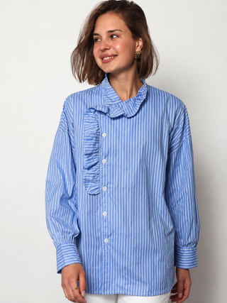 May Side Button Ruffle Shit Blu/white Stripe