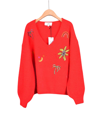 Scarlotte Embroidery Red Vneck Jumper