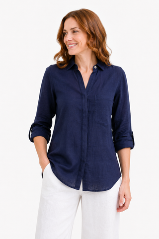 The Kelly  Shirt Navy 100% Linen