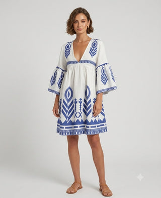 Fearther Bell Slv White/blu Short Dress