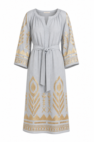 Long L/s Light Grey/gold Dress w Belt