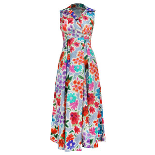 Penny S/L Pleat Maxi Blu Floral  Dress