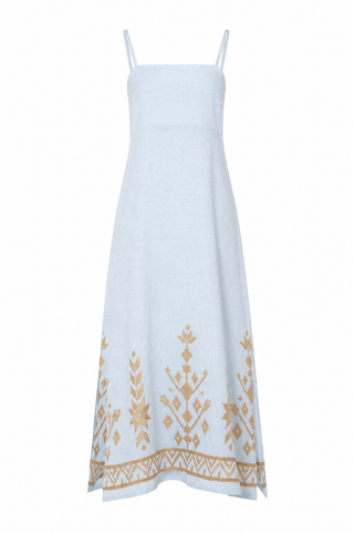 Maxi Ciel/gold Straps Gatherings Dress