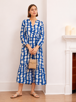 Seraphina Tiered Printed Dress Royal Blu/white