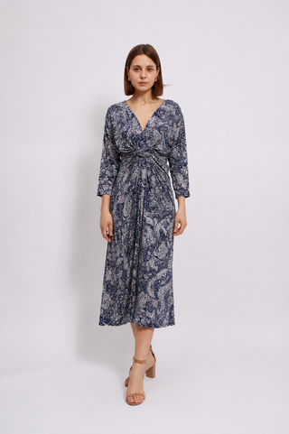 Leona Knotted Waist Midi Dress Navy/orange
