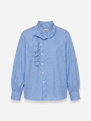 May Side Button Ruffle Shit Blu/white Stripe