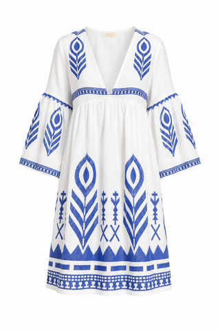 Feather Bell Slv White/blu Short Dress