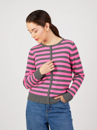 Carey Storm Grey Stripe Wool Cashmere Cardigan