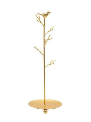 Slim Gold Metal Jewelry Tree with Bird