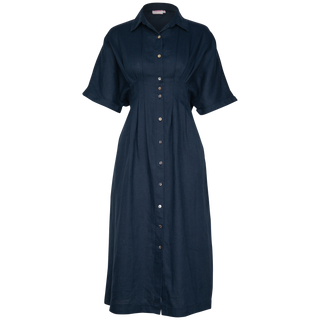 Tanya Tuck Shirt Dress Navy 100% Linen