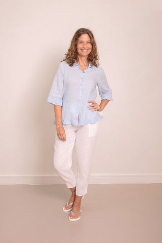 The Rose Ruffle Shirt Sky Blue 100% Linen