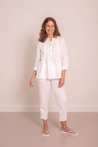 Greta Pintuck Shirt White 100% Linen