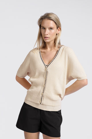 Rib S Sand Cardigan w Fun Detail @ Placket