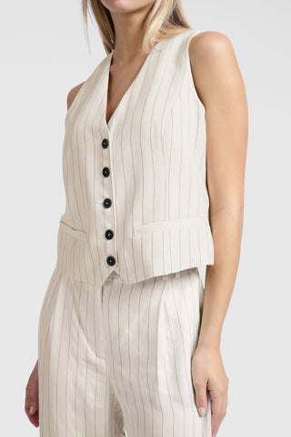 Woven Sand Linen Beige Mix Pinstripe Gilet