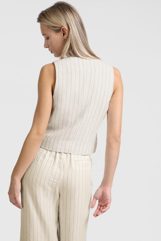 Woven Sand Linen Beige Mix Pinstripe Gilet