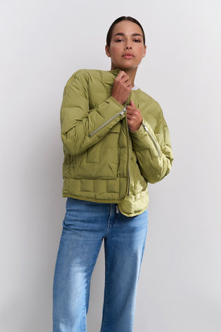 Short Olive Nylon Quilted Jacket w Zipper Detail