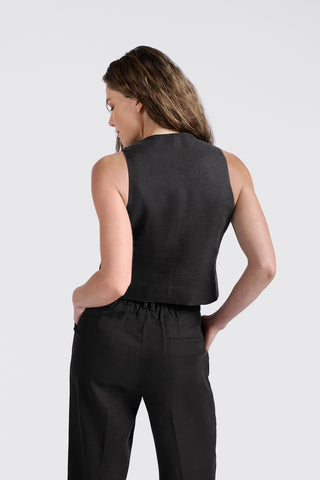 Linen Washed Black Mix Woven Gilet