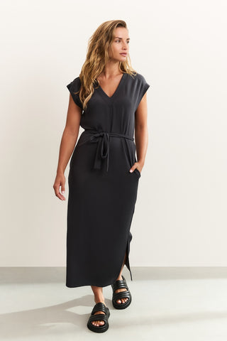 V-neck Washed Black T-shirt Dress w Belt