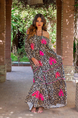 Saby Camel Leopard Off The Shoulder Dress