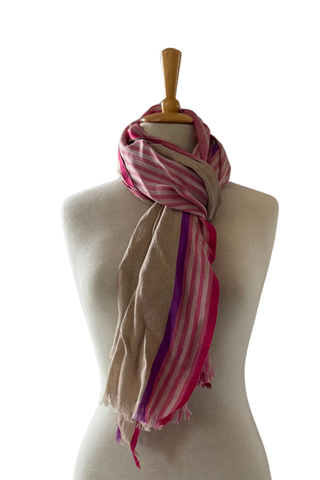 Sally Beige w Pink&Purple Stripe Scarf