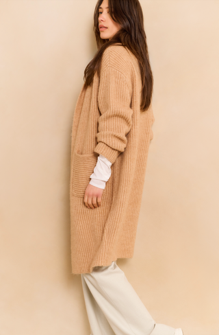Light Camel Long Cardigan In Heavy Stitch
