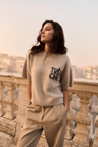 Beige Melange Short Slve Sweater w Artwork