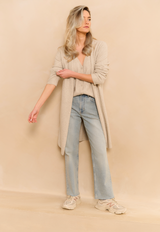 Cloud Grey Melange Long Cardi w Gelit & Cable