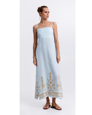 Maxi Ciel/gold Straps Gatherings Dress