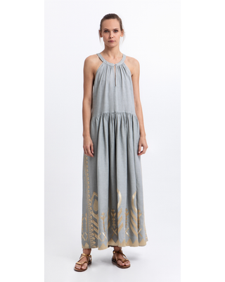 Maxi Feather Halter Neck Stone/Gold Dress