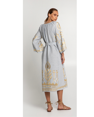 Long L/s Light Grey/gold Dress w Belt