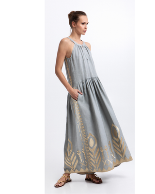 Maxi Feather Halter Neck Stone/Gold Dress