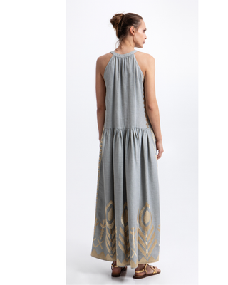 Maxi Feather Halter Neck Stone/Gold Dress