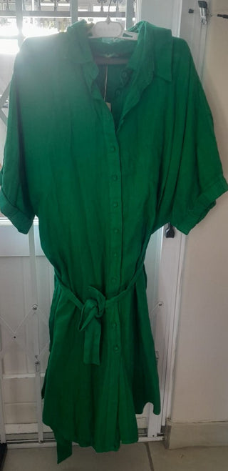 Sham Ruffle Slv  Grn Tie Dress