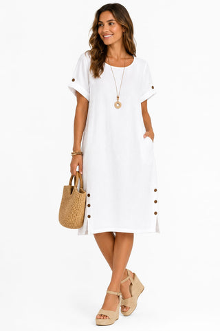 Bella White Dress w Button Detail