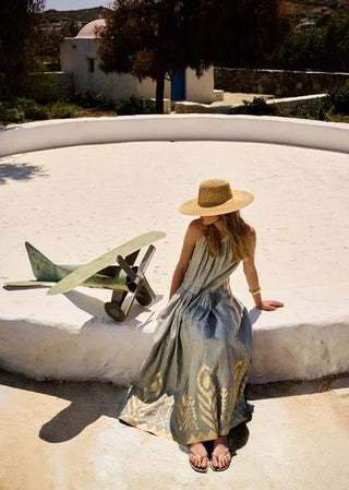 Maxi Feather Halter Neck Stone/Gold Dress